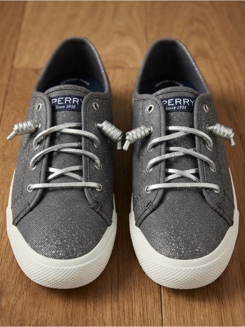 Sperry with Memory Foam Women's Boat Shoes. Subtle Shimmer - Gray Slip-On's